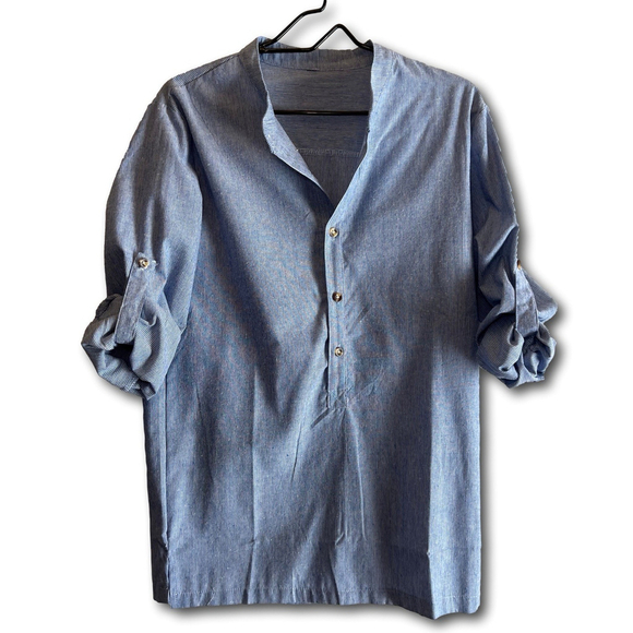 Unbranded Tops - Tunic Top V-Neck Button Roll-Tab Sleeve Blue Stripe Woman’s Large No Tag